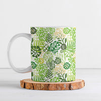 Green Aloha Hawaiian Ceramic Mug Monstera Hibiscus Tropical Pattern