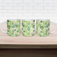 Green Aloha Hawaiian Ceramic Mug Monstera Hibiscus Tropical Pattern