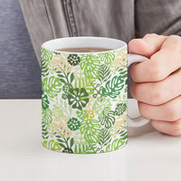 Green Aloha Hawaiian Ceramic Mug Monstera Hibiscus Tropical Pattern