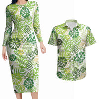 Green Aloha Hawaiian Couples Matching Long Sleeve Bodycon Dress and Hawaiian Shirt Monstera Hibiscus Tropical Pattern