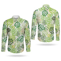 Green Aloha Hawaiian Couples Matching Mermaid Dress and Long Sleeve Button Shirt Monstera Hibiscus Tropical Pattern