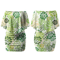 Green Aloha Hawaiian Couples Matching Off Shoulder Short Dress and Hawaiian Shirt Monstera Hibiscus Tropical Pattern