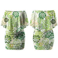 Green Aloha Hawaiian Couples Matching Off Shoulder Short Dress and Long Sleeve Button Shirt Monstera Hibiscus Tropical Pattern