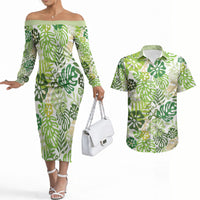 Green Aloha Hawaiian Couples Matching Off The Shoulder Long Sleeve Dress and Hawaiian Shirt Monstera Hibiscus Tropical Pattern