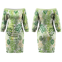 Green Aloha Hawaiian Couples Matching Off The Shoulder Long Sleeve Dress and Long Sleeve Button Shirt Monstera Hibiscus Tropical Pattern