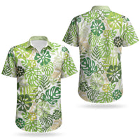 Green Aloha Hawaiian Couples Matching Puletasi and Hawaiian Shirt Monstera Hibiscus Tropical Pattern