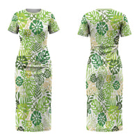 Green Aloha Hawaiian Family Matching Short Sleeve Bodycon Dress and Hawaiian Shirt Monstera Hibiscus Tropical Pattern