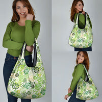 Green Aloha Hawaiian Grocery Bag Monstera Hibiscus Tropical Pattern