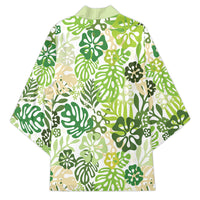 Green Aloha Hawaiian Kimono Monstera Hibiscus Tropical Pattern
