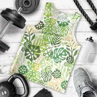 Green Aloha Hawaiian Men Tank Top Monstera Hibiscus Tropical Pattern