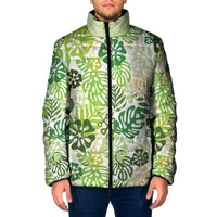 Green Aloha Hawaiian Padded Jacket Monstera Hibiscus Tropical Pattern
