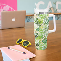 Green Aloha Hawaiian Tumbler With Handle Monstera Hibiscus Tropical Pattern