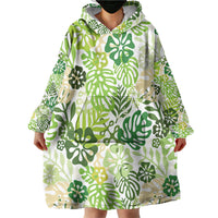 Green Aloha Hawaiian Wearable Blanket Hoodie Monstera Hibiscus Tropical Pattern