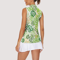 Green Aloha Hawaiian Women Sleeveless Polo Shirt Monstera Hibiscus Tropical Pattern