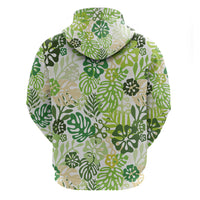 Green Aloha Hawaiian Zip Hoodie Monstera Hibiscus Tropical Pattern