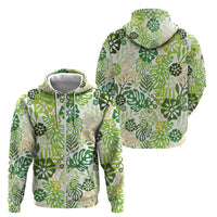 Green Aloha Hawaiian Zip Hoodie Monstera Hibiscus Tropical Pattern