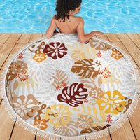 Brown Aloha Hawaiian Beach Blanket Monstera Hibiscus Tropical Pattern
