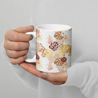 Brown Aloha Hawaiian Ceramic Mug Monstera Hibiscus Tropical Pattern