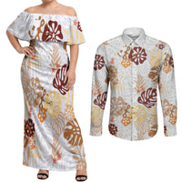 Brown Aloha Hawaiian Couples Matching Off Shoulder Maxi Dress and Long Sleeve Button Shirt Monstera Hibiscus Tropical Pattern