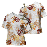 Brown Aloha Hawaiian Cross Shoulder Shirt Monstera Hibiscus Tropical Pattern