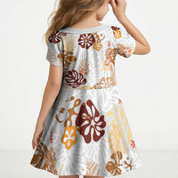 Brown Aloha Hawaiian Kid Short Sleeve Dress Monstera Hibiscus Tropical Pattern