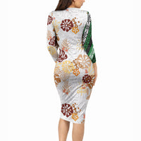 Brown Aloha Hawaiian Long Sleeve Bodycon Dress Monstera Hibiscus Tropical Pattern
