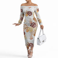 Brown Aloha Hawaiian Off The Shoulder Long Sleeve Dress Monstera Hibiscus Tropical Pattern