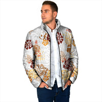 Brown Aloha Hawaiian Padded Jacket Monstera Hibiscus Tropical Pattern