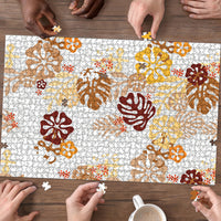 Brown Aloha Hawaiian Puzzle Monstera Hibiscus Tropical Pattern
