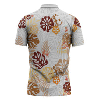 Brown Aloha Hawaiian Zipper Polo Shirt Monstera Hibiscus Tropical Pattern