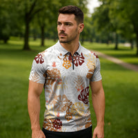 Brown Aloha Hawaiian Zipper Polo Shirt Monstera Hibiscus Tropical Pattern