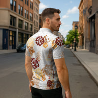 Brown Aloha Hawaiian Zipper Polo Shirt Monstera Hibiscus Tropical Pattern