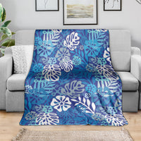 Blue Aloha Hawaiian Blanket Monstera Hibiscus Tropical Pattern