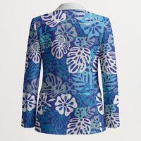 Blue Aloha Hawaiian Blazer Monstera Hibiscus Tropical Pattern