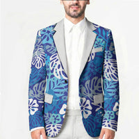 Blue Aloha Hawaiian Blazer Monstera Hibiscus Tropical Pattern