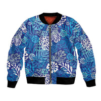 Blue Aloha Hawaiian Bomber Jacket Monstera Hibiscus Tropical Pattern