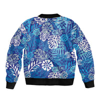 Blue Aloha Hawaiian Bomber Jacket Monstera Hibiscus Tropical Pattern