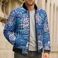 Blue Aloha Hawaiian Bomber Puffer Jacket Monstera Hibiscus Tropical Pattern