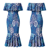 Blue Aloha Hawaiian Couples Matching Mermaid Dress and Long Sleeve Button Shirt Monstera Hibiscus Tropical Pattern
