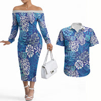 Blue Aloha Hawaiian Couples Matching Off The Shoulder Long Sleeve Dress and Hawaiian Shirt Monstera Hibiscus Tropical Pattern
