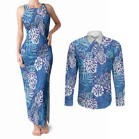 Blue Aloha Hawaiian Couples Matching Tank Maxi Dress and Long Sleeve Button Shirt Monstera Hibiscus Tropical Pattern