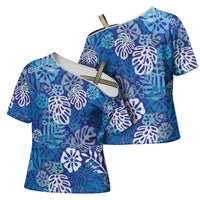 Blue Aloha Hawaiian Cross Shoulder Shirt Monstera Hibiscus Tropical Pattern