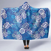 Blue Aloha Hawaiian Hooded Blanket Monstera Hibiscus Tropical Pattern