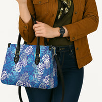 Blue Aloha Hawaiian Leather Bag Monstera Hibiscus Tropical Pattern