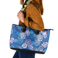 Blue Aloha Hawaiian Leather Tote Bag Monstera Hibiscus Tropical Pattern