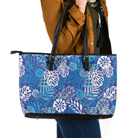Blue Aloha Hawaiian Leather Tote Bag Monstera Hibiscus Tropical Pattern