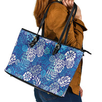 Blue Aloha Hawaiian Leather Tote Bag Monstera Hibiscus Tropical Pattern