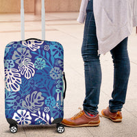 Blue Aloha Hawaiian Luggage Cover Monstera Hibiscus Tropical Pattern