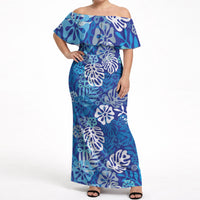 Blue Aloha Hawaiian Off Shoulder Maxi Dress Monstera Hibiscus Tropical Pattern