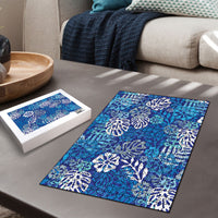 Blue Aloha Hawaiian Puzzle Monstera Hibiscus Tropical Pattern
